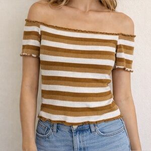Better Be Off Shoulder Striped Crop Top Brown White Ribbed Size S